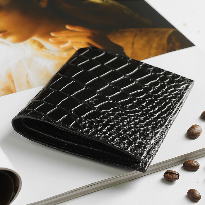 Портмоне, 2 отдела, для карт, монет, крокодил, цвет чёрный