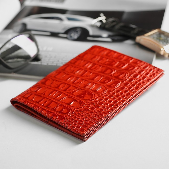Обложка для автодокументов и паспорта, кайман, цвет красный