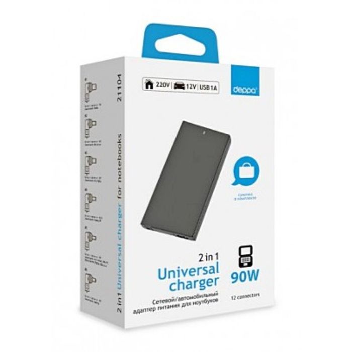Адаптер питания для Ноутбуков Deppa (21104) Сеть+Авто 90 Вт. универ. 12 коннекторов + USB 1A
