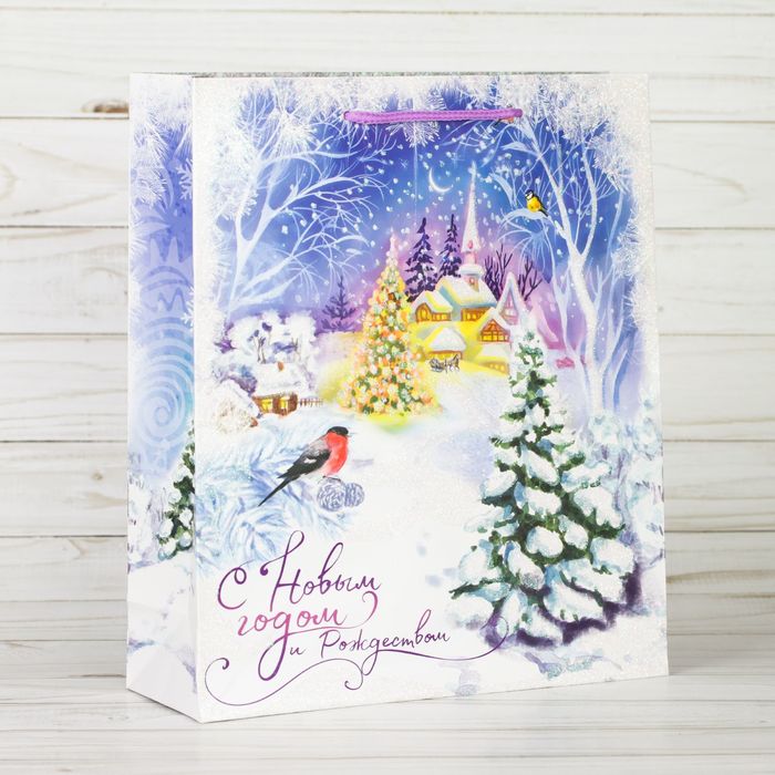 Пакет ламинированный вертикальный с блестками «Сказка зимнего леса», 18 × 23 × 8 см