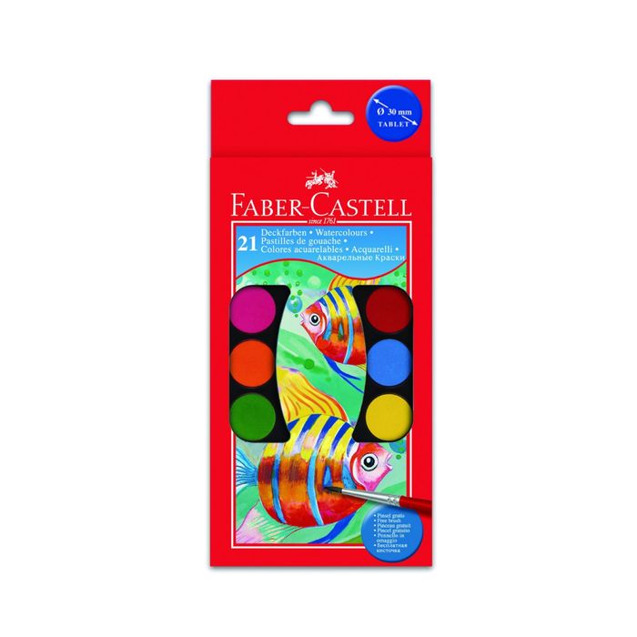 Акварель 21цв Faber-Castell WATERCOLOURS d-30мм с 2 кисточками  пл.пенал  125021