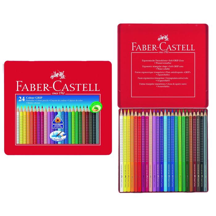 Карандаши цветные 24цв Faber-Castell GRIP 2001 трехгран, металлическая коробка 112423