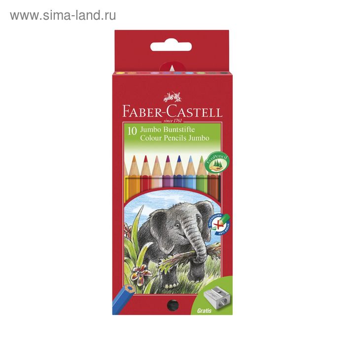 фото Карандаши 10 цветов faber-castell jumbo (толстый) шестигранный с точилкой