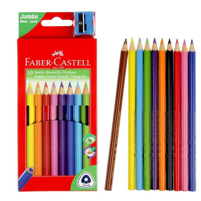 фото Карандаши jumbo 10 цветов, faber-castell, трёхгранные, с точилкой, картонная коробка