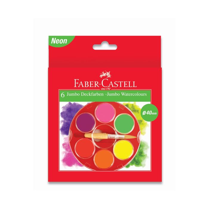 Акварель  6цв Faber-Castell JUMBO d-40мм с кисточкой неоновые цвета, пласт.пенал 125006