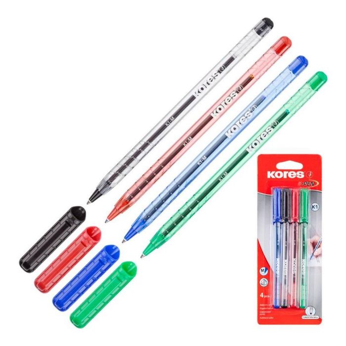 Набор ручек шариковых микс 4 цв. KORES К1 0.7мм (пишет 2.5км) ,треуг.корпус