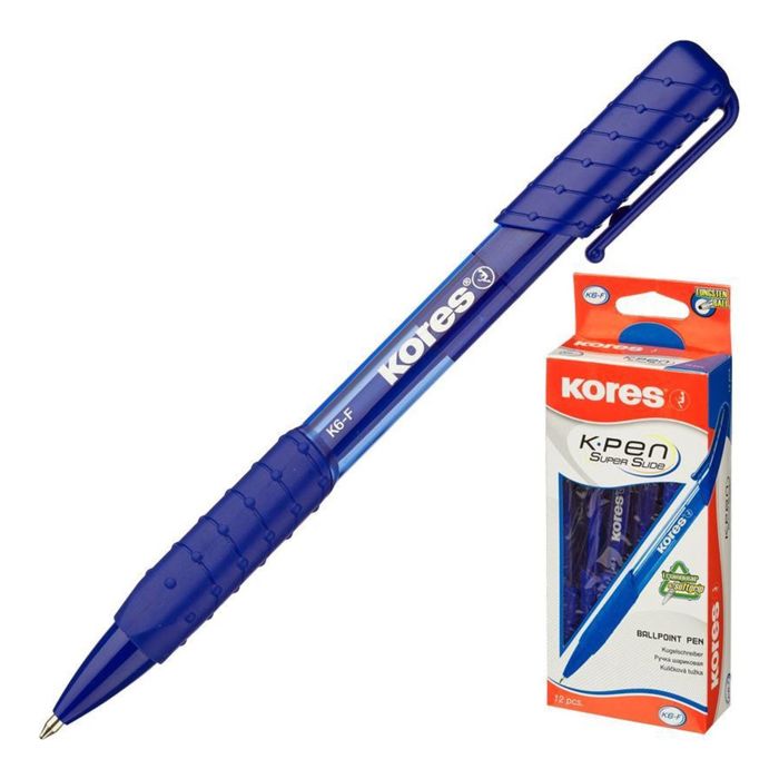 Ручка шариковая автомат KORES К6 (пишет 4.5км) 0.5, резин.упор, треуг.корп, стержень синий