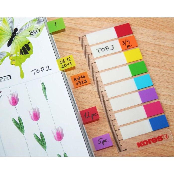 Флажки с клеевым краем Kores, пластиковые 12*45 мм, 8 цветов,15 листов, двухцветные на линейке