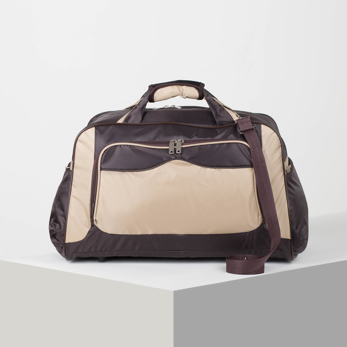 Сумка дорожная на молнии, 1 отдел, 3 наружных кармана, ремень, цвет коричневый/бежевый