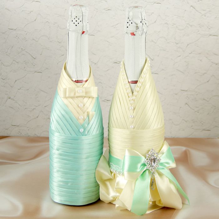 Украшение на шампанское "Элит-тубы" с бантом, цвет мятный