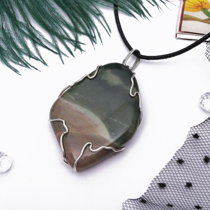 Кулон ручная работа "Яшма зелёная" галтовка крупная в мельхиоре