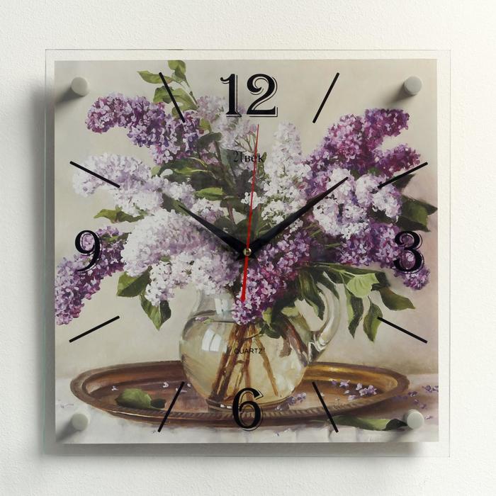фото Часы настенные, серия: цветы, "сирень в вазе, на подносе", 35х35 см рубин