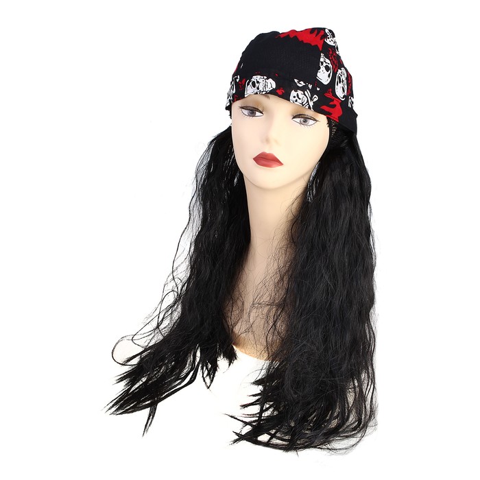 Карнавальный парик "Бандана с черепами", р-р 56-58, цвет чёрный, 120 г