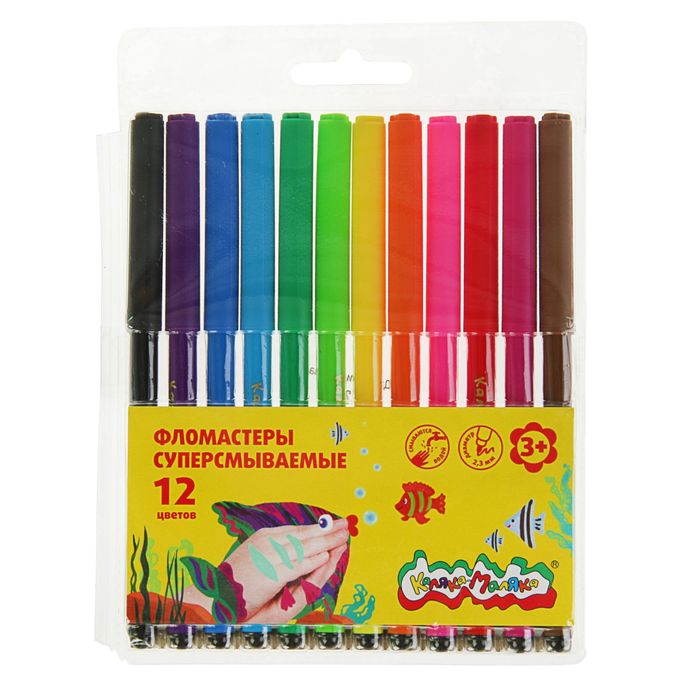 Фломастеры 12 цветов "Каляка-Маляка", суперсмываемые, грифель 2,3 мм