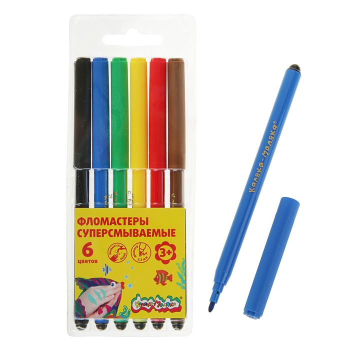 Фломастеры 6 цветов "Каляка-Маляка", суперсмываемые, грифель 2,3 мм
