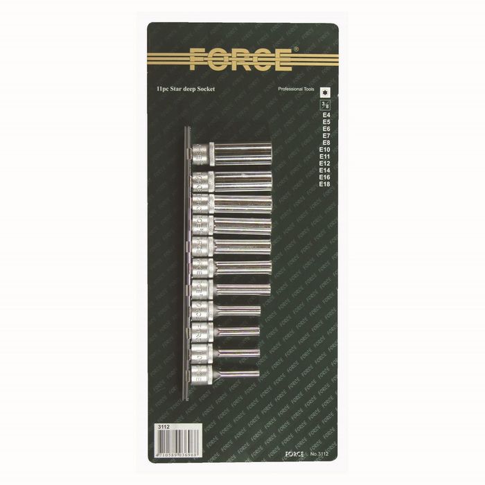 Набор головок TORXЕ4-Е18 3/8" глубоких 11пр. на блистере FORCE