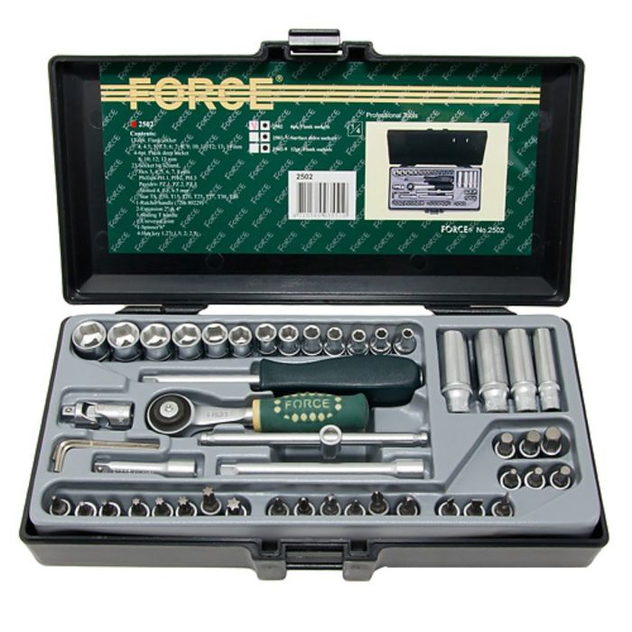 Набор головок 4-14мм 1/4" 6-гранных и насадок 50пр. FORCE