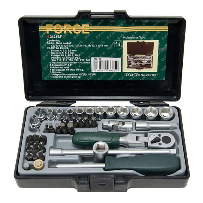Набор головок 3.2-14мм 1/4"6-гранных и вставок 42пр. в кейсе FORCE