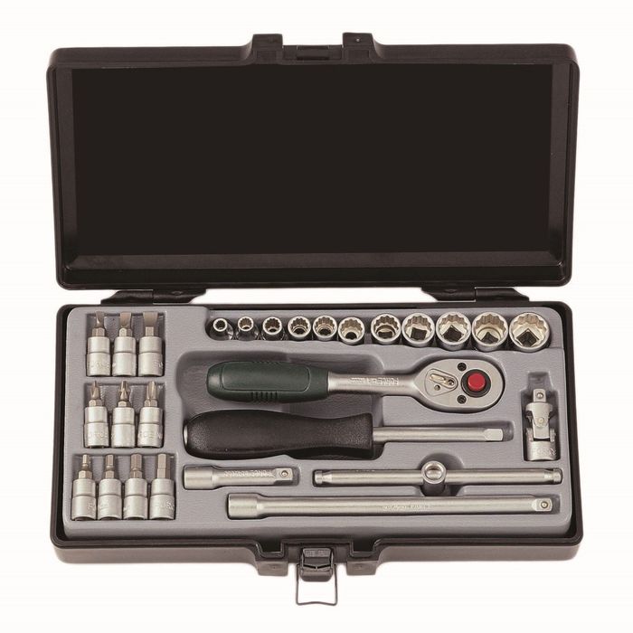 Набор головок 4-14мм 1/4" 6-гранных и насадок 27пр. в кейсе FORCE