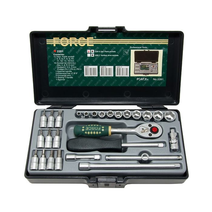 Набор головок 4-14мм 1/4" 12-гранных и насадок 27пр. в кейсе FORCE