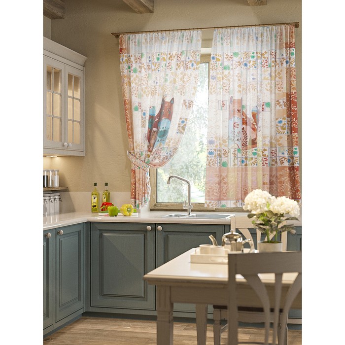 Шторы "Кетс", 150х180 см-2 шт, подхваты 2 шт, вуаль, цвет коричневый