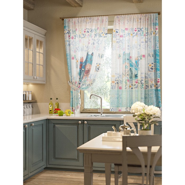 Шторы "Кетс", 150х180 см-2 шт, подхваты 2 шт, вуаль, цвет голубой