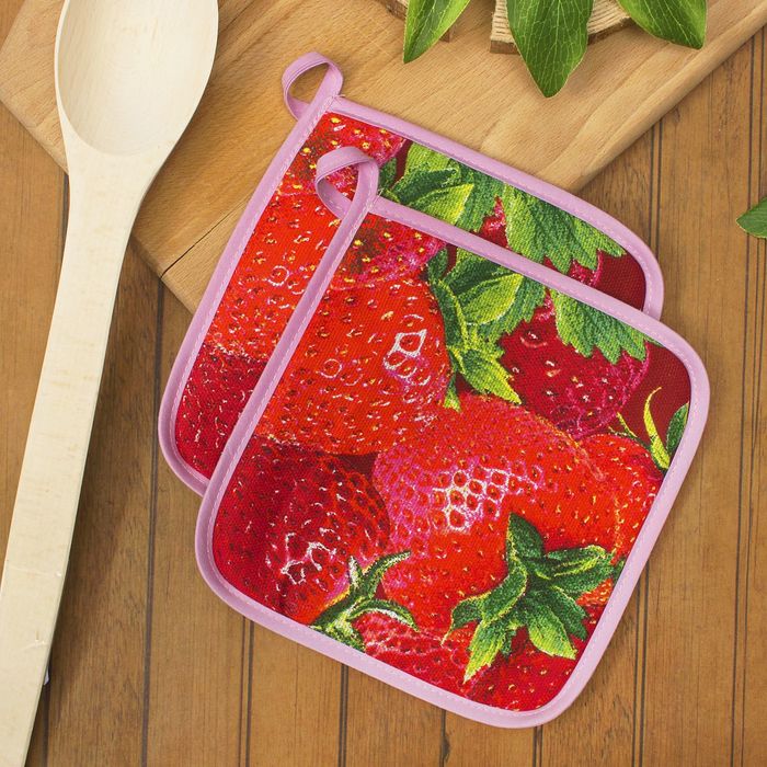 Прихватка 20х20см DomoVita 2шт в пакете, КЛУБНИКА, хлопок 170 г/м2 рогожка