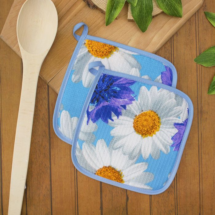 Прихватка 20х20см DomoVita 2шт в пакете, РОМАШКИ вид2, хлопок 170 г/м2 вафля