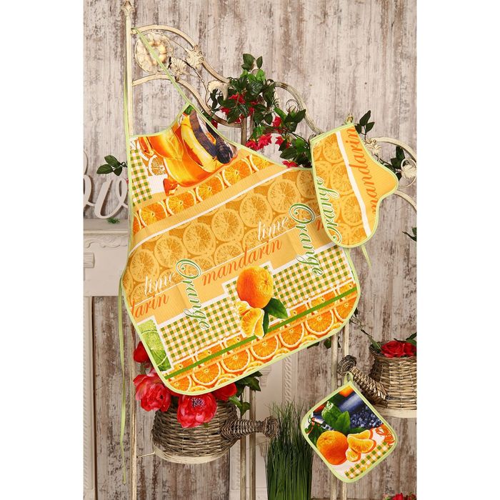 Набор DomoVita фартук/прихватка/варежка, МАНДАРИНКИ, хлопок 170 г/м2 рогожка