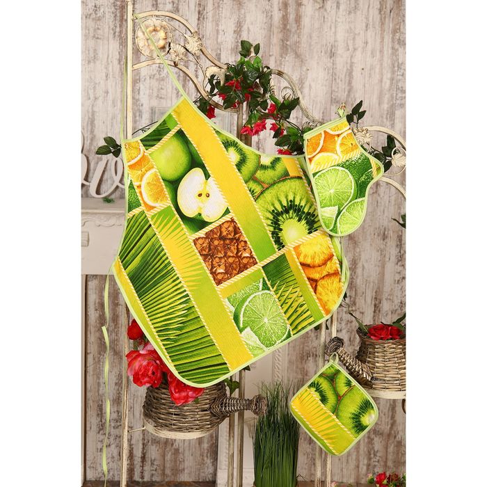 Набор DomoVita фартук/прихватка/варежка, ТРОПИЧЕСКИЙ ОСТРОВ, хлопок 170 г/м2 вафля