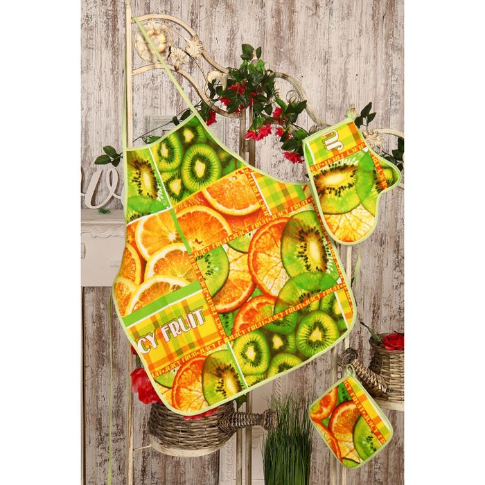 Набор DomoVita фартук/прихватка/варежка, ЦИТРУСОВЫЙ МИКС, хлопок 170 г/м2 вафля