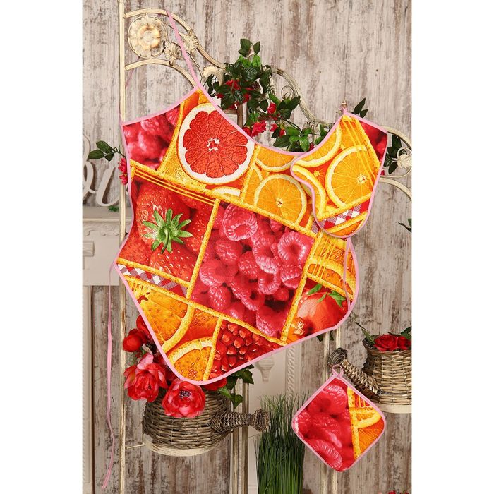 Набор DomoVita фартук/прихватка/варежка, ЯРКИЙ ВКУС, хлопок 170 г/м2 вафля