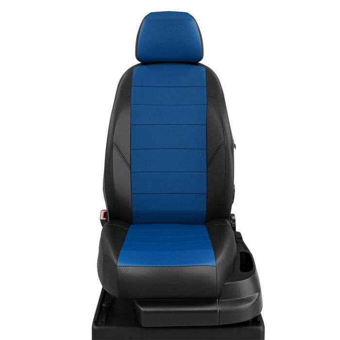 фото Авточехлы для nissan qashqai с 2014-н.в. джип 5 мест задняя спинка 40 на 60, сиденье единое. передний подлокотник, молния под задний подлокотник, 5 подголовников, экокожа, сине-чёрная автолидер №1