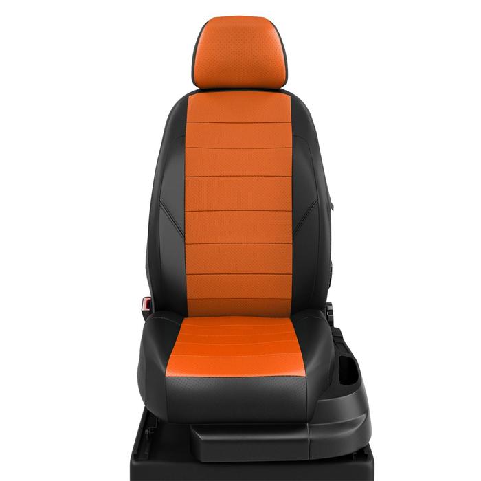 Авточехлы для Hyundai Santafe 1 с 2000-2006г. джип Кроме "ТАГАЗ". Задняя спинка и сиденье 40 на 60. молния под задний подлокотник, 4-подголовника, экокожа, оранжево-чёрная
