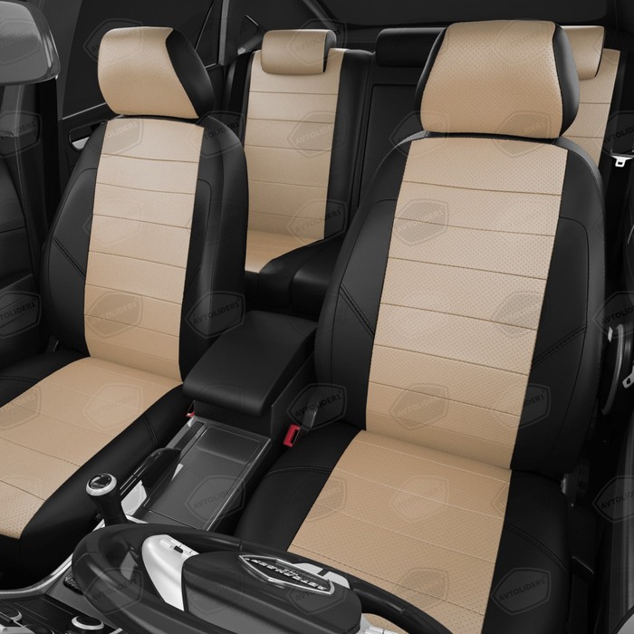 

Авточехлы для Volkswagen T-5 с 2009-2015 г., 2 места, фургон, перфорация, экокожа, цвет бежевый, чёрный
