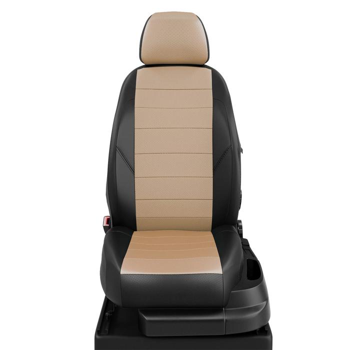 Авточехлы для Volkswagen T-6 с 2016-н.в. минивен Рестайлинг 9 мест - минивен. Transporter. Рядность: 1+2, 2+1, 3 (+2 подлокотника), экокожа, бежево-чёрная