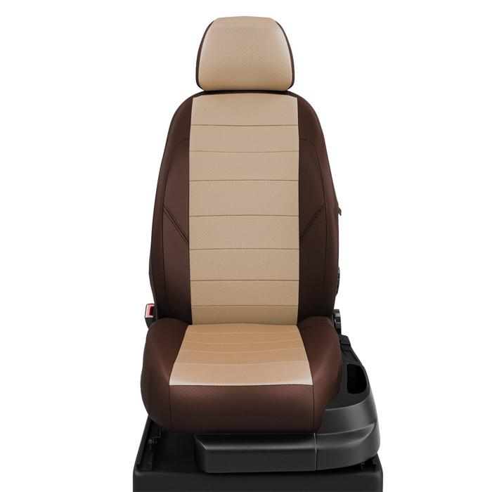 Авточехлы для Renault Megan 3 с 2009-н.в. хэтчбек, универсал Задние спинка и сиденье 40 на 60. Передний подлокотник, молния под задний подлокотник, 5 подголовников (перед два ПРОСТЫЕ), экокожа, бежево-шоколадная