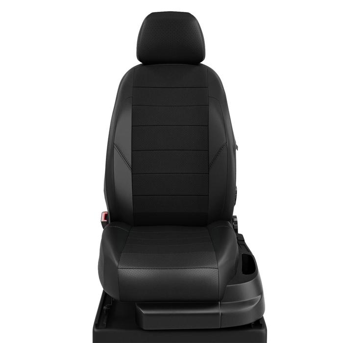 фото Авточехлы для renault sandero с 2009-2014г. хэтчбек задние спинка 40 на 60, сиденье единое, 5 подголовников. (с air-bag передние сиденья), экокожа, чёрная автолидер №1