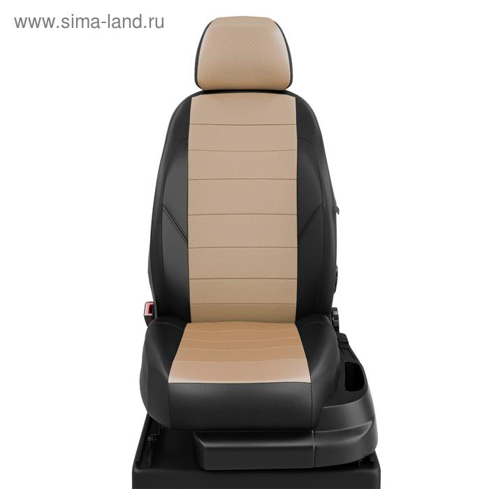 фото Авточехлы для renault sandero с 2014-н.в. хэтчбек задние спинка 40 на 60, сиденье единое, 5+2-подголовников. ( без air-bag передние сиденья), экокожа, бежево-чёрная автолидер №1