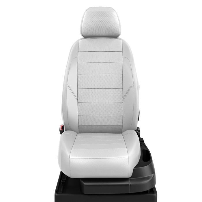 Авточехлы для Mitsubishi L-200 4 с 2006-2014г. джип-пикап Задние спинка и сиденье единые. молния под задний подлокотник, 5 подголовников, экокожа, белая