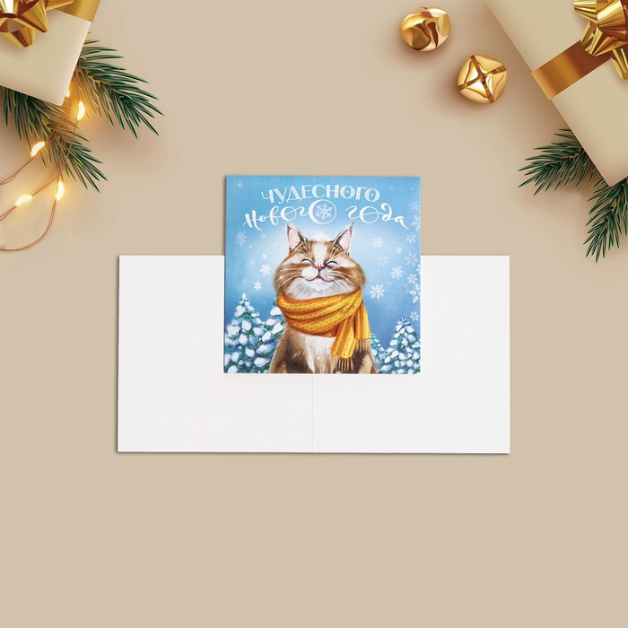 Открытка поздравительная мини «С Новым годом», котик, 7 × 7 см открытка с деревянным элементом с новым годом котик 10 × 15 см