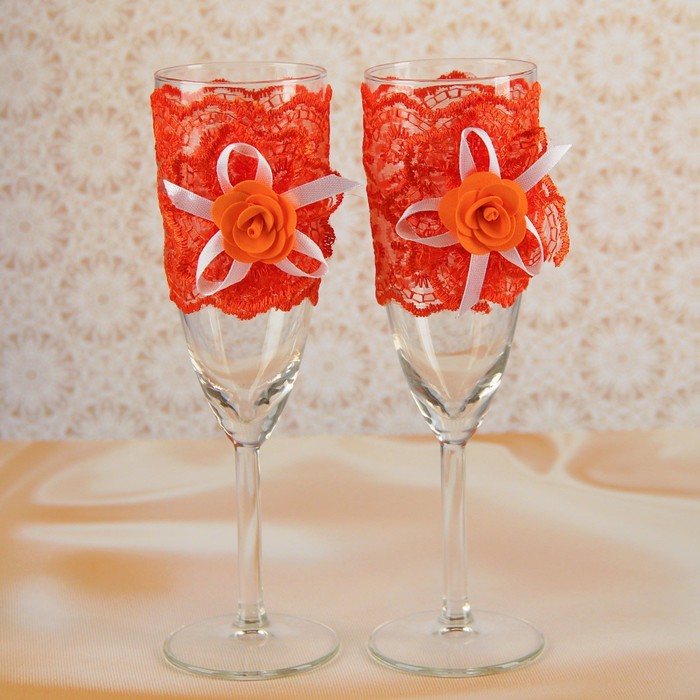 Бокалы для битья элит с кружевным бантом оранжевые