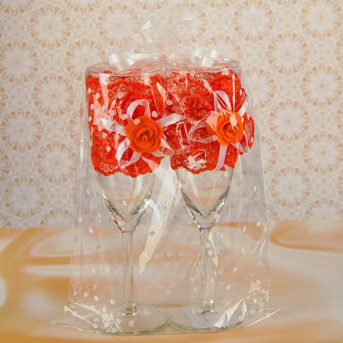 Бокалы для битья элит с кружевным бантом оранжевые