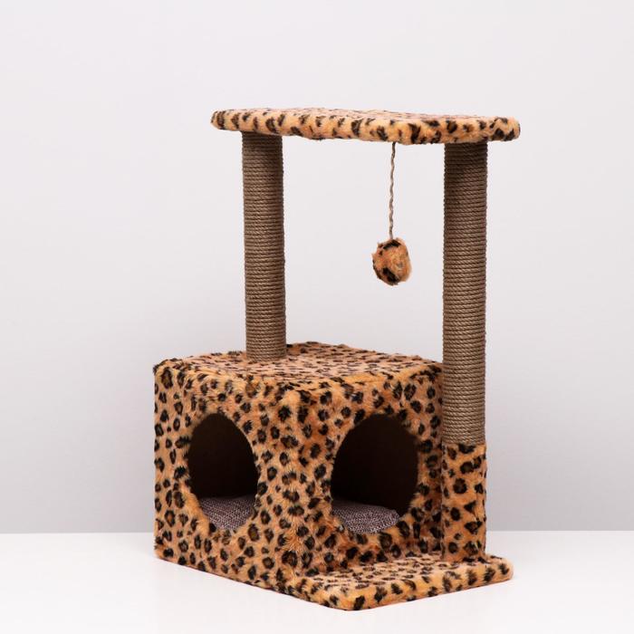 Домик-когтеточка "Квадратный двухэтажный с двумя окошками", 50х36х75 см, джут, микс цветов