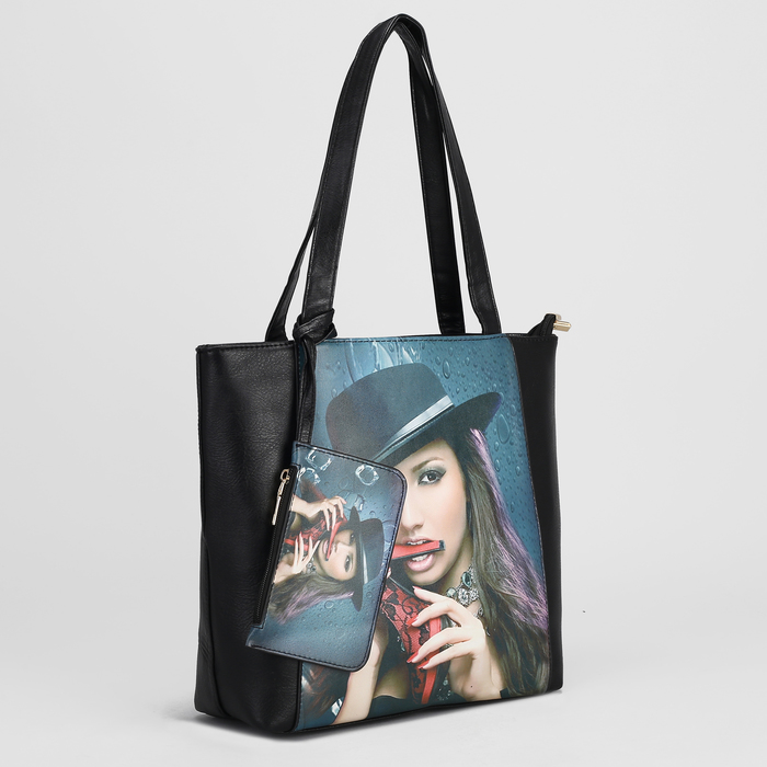 Сумка женская, 2 отдела на молниях, наружный карман, с кошельком, цвет чёрный