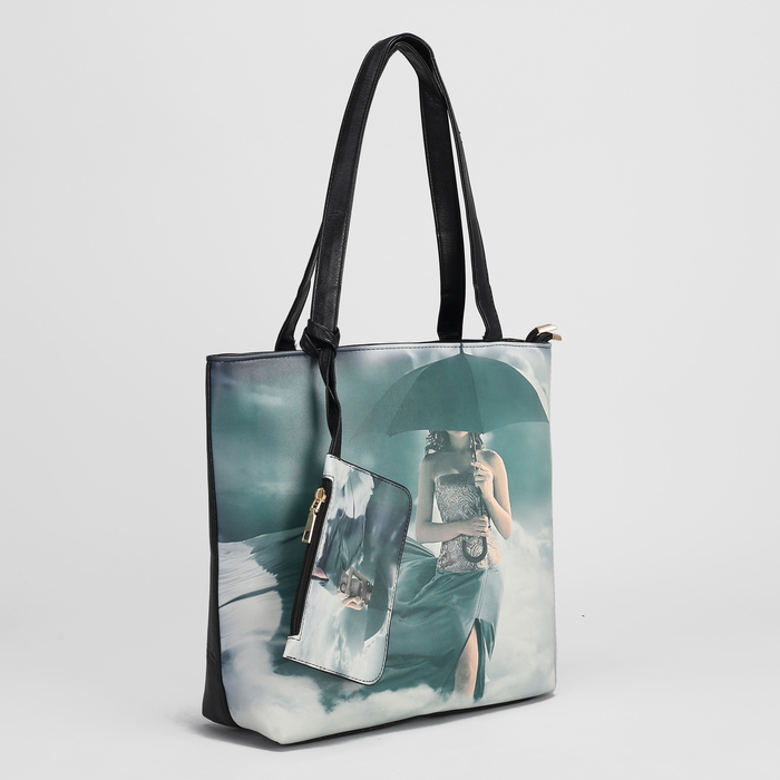 Сумка женская, 2 отдела на молниях, наружный карман, с кошельком, цвет чёрный