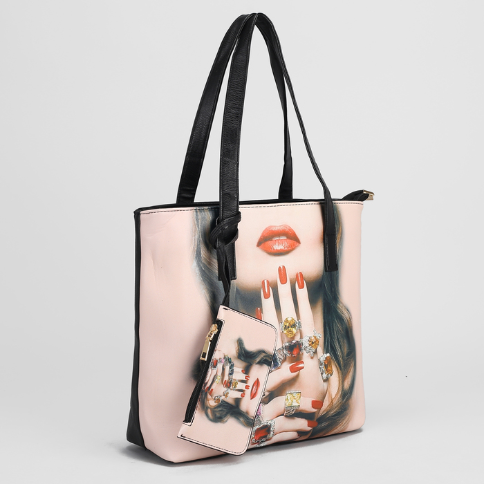 Сумка женская, 2 отдела на молниях, наружный карман, с кошельком, цвет чёрный