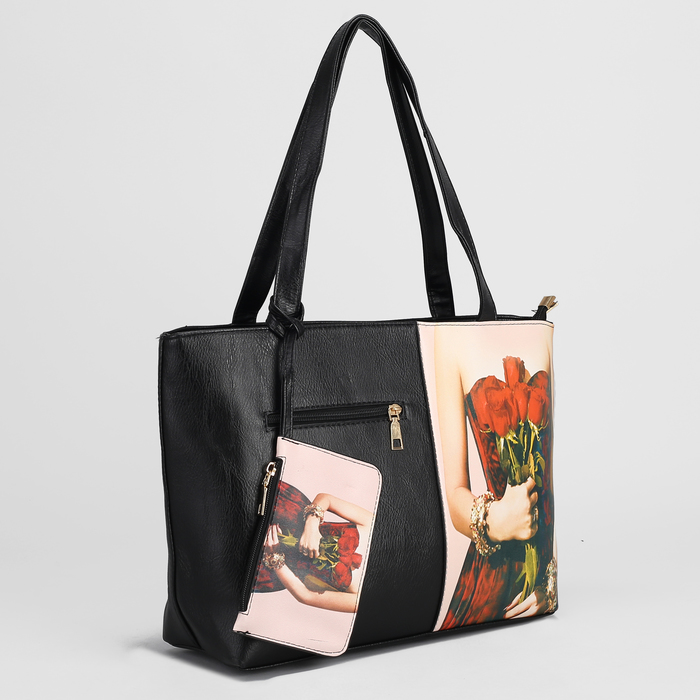 Сумка женская, 2 отдела на молниях, 2 наружных кармана, с кошельком, цвет чёрный