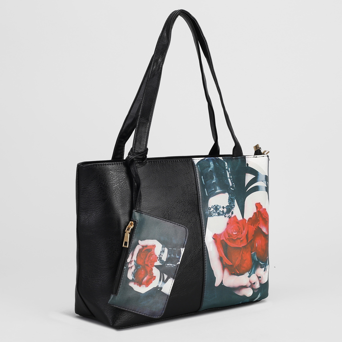 Сумка женская, 2 отдела на молниях, наружный карман, с кошельком, цвет чёрный