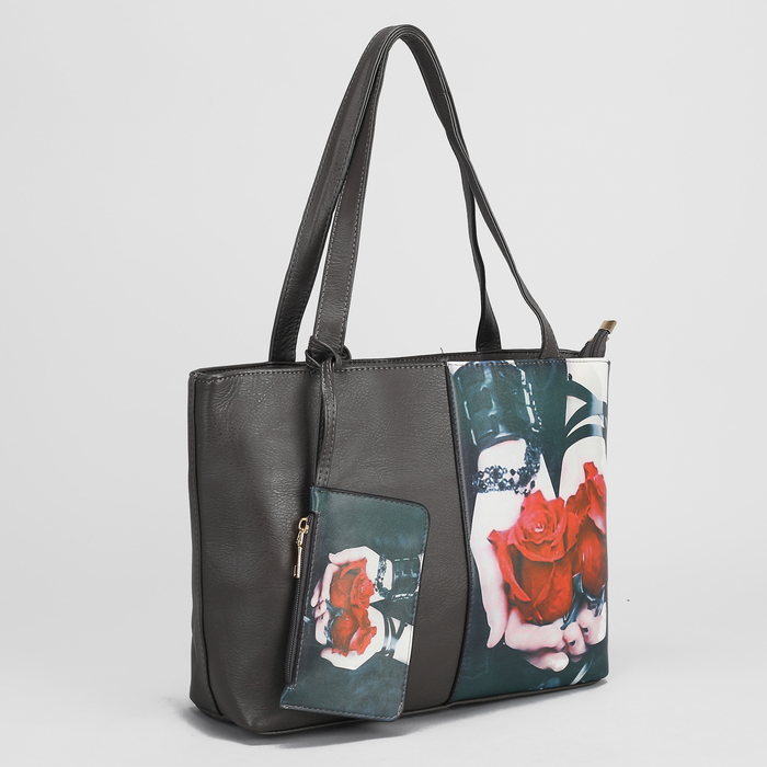 Сумка женская, 2 отдела на молниях, наружный карман, с кошельком, цвет серый